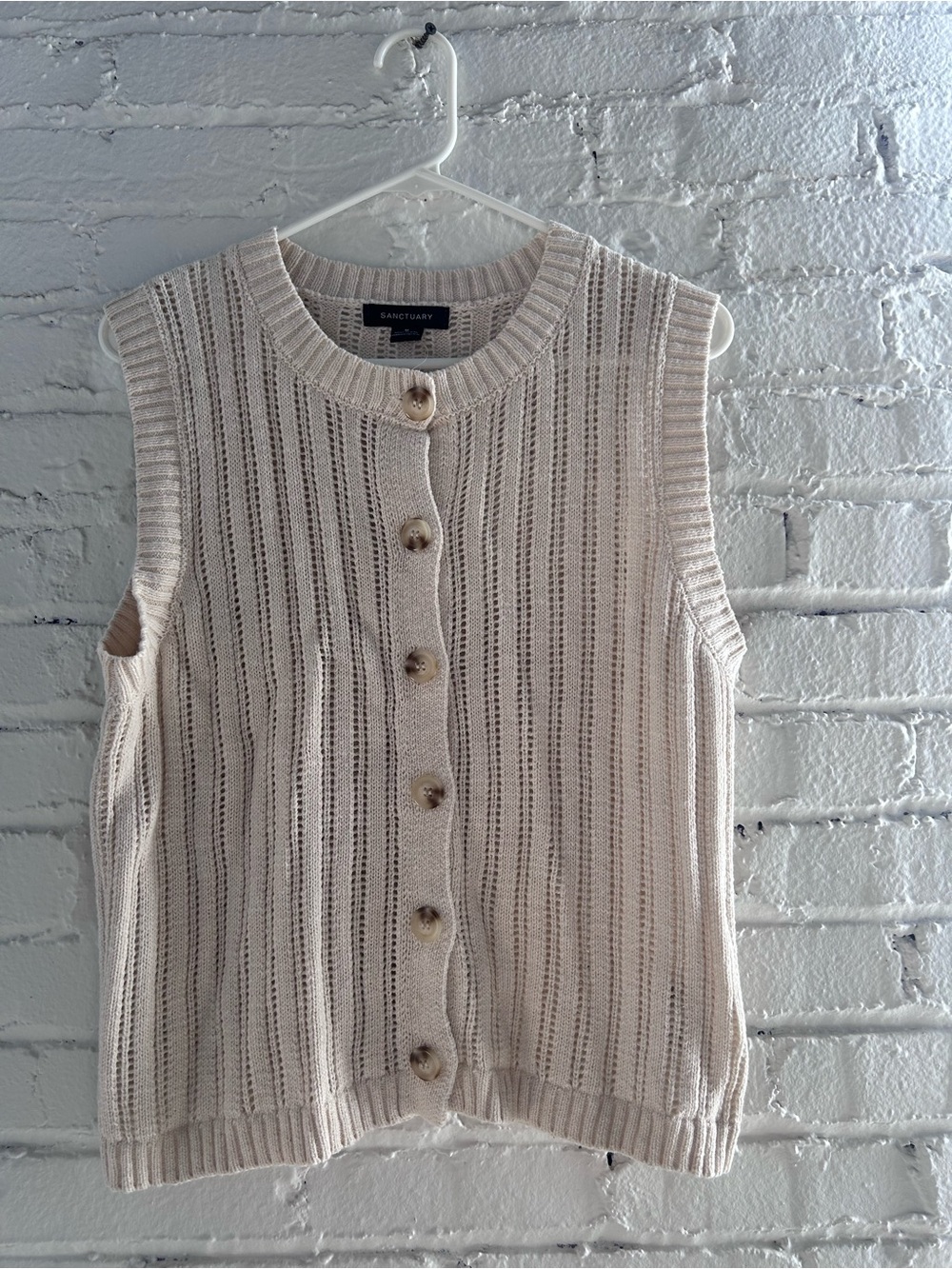 Sanctuary Ivory Open-Knit Button Front Sleeveless Cardigan Vest